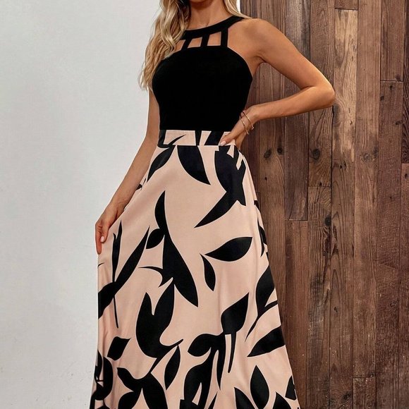 Multicolor Boho Womens Plants Print Cut Out Halter Neck Dress - Picture 3 of 5